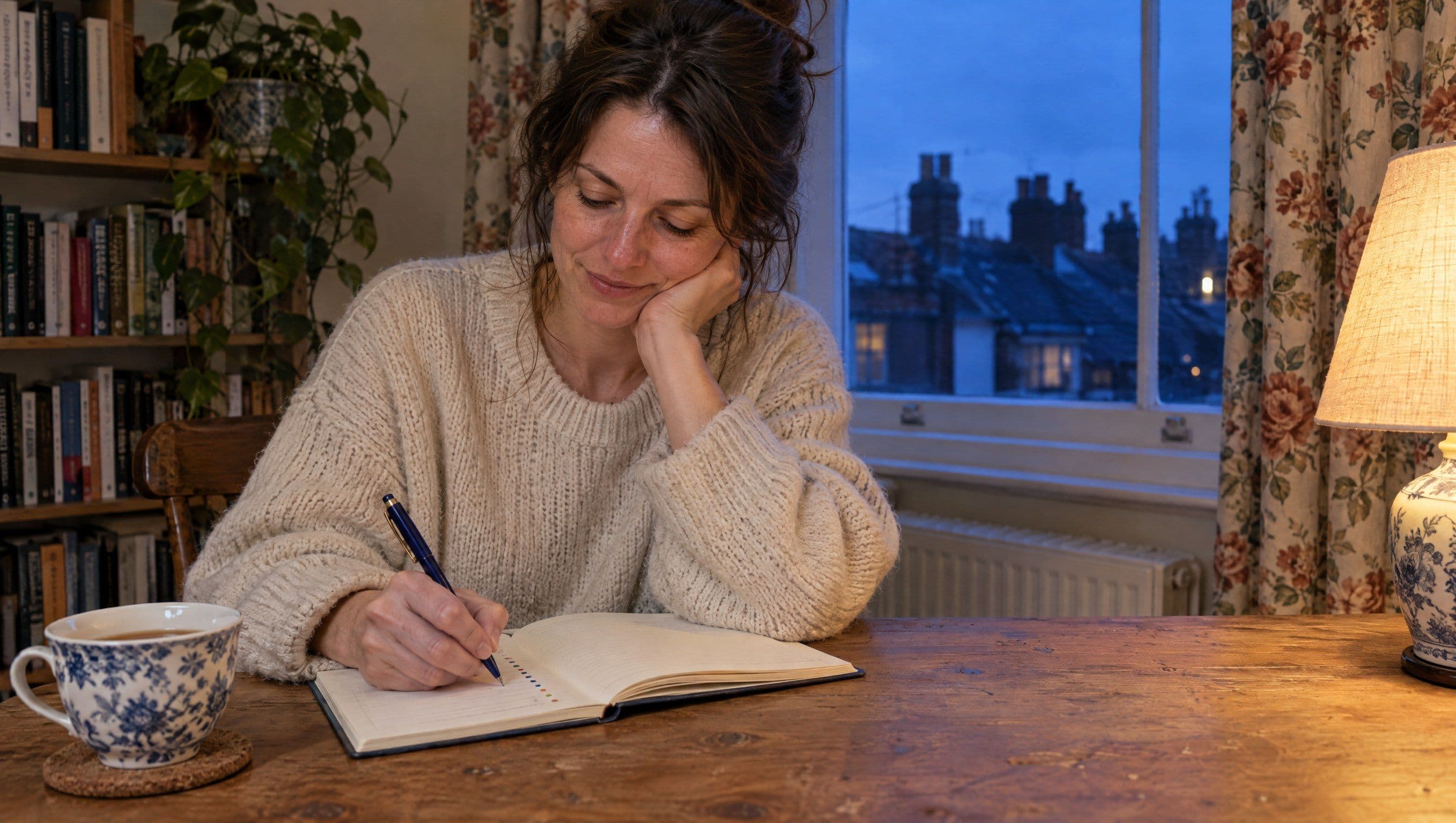 A woman at her kitchen table in the evening, marking coloured dots along the edge of a paper diary beside a cup of tea.