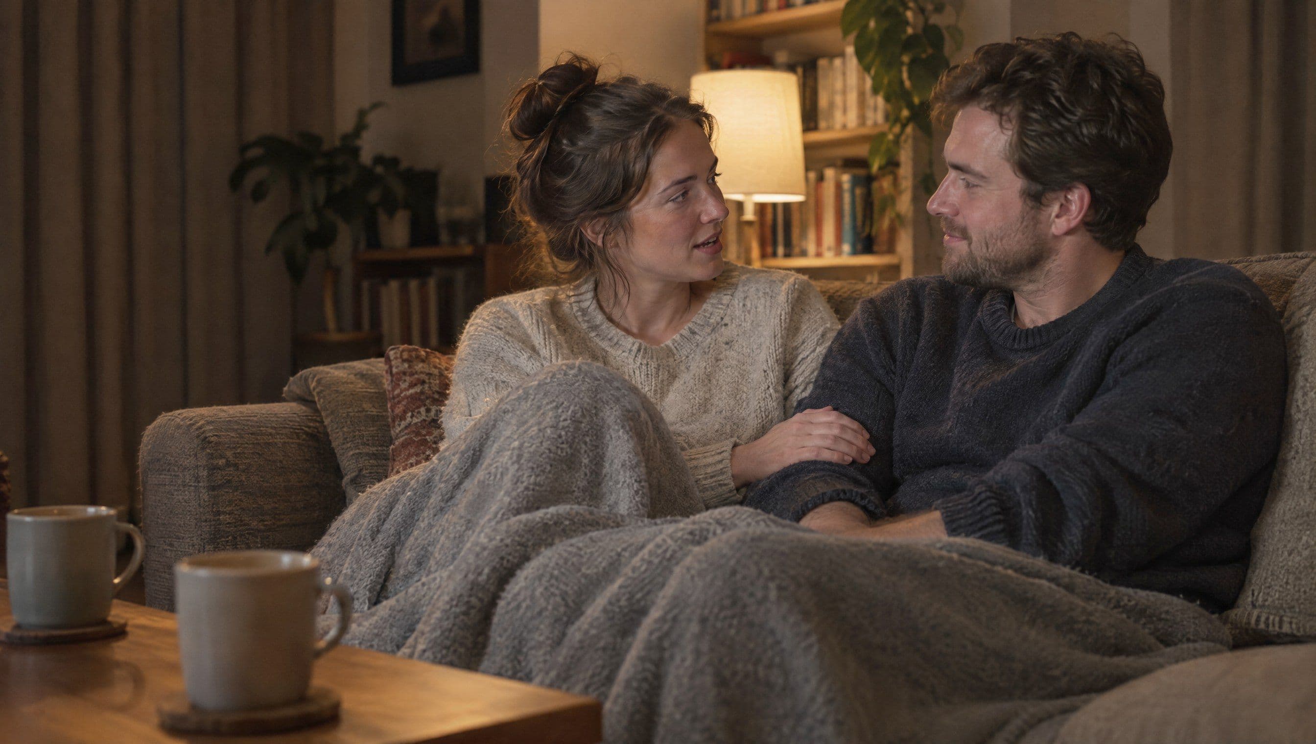 A couple sit close together on a sofa in a softly lit living room, talking openly under a shared blanket.