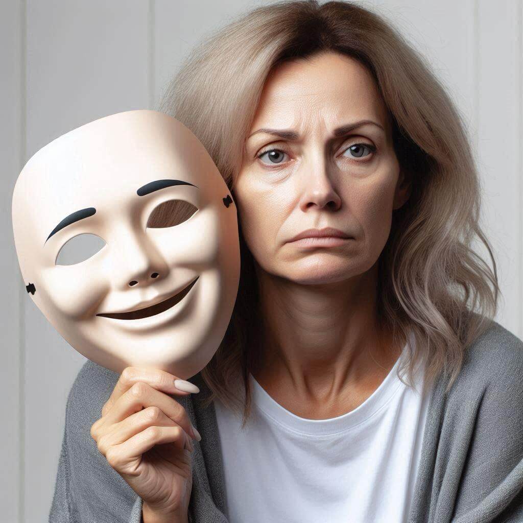 A symbolic illustration of a woman holding a mask, representing the concept of autistic women masking their true emotions and sensory experiences, as they navigate social interactions while hiding their authentic selves