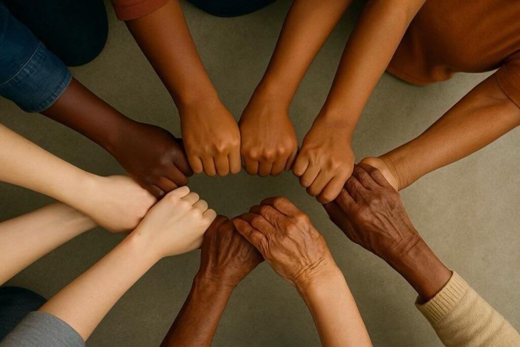 Eight hands of diverse skin tones joined in a circle, holding each other's wrists, symbolizing unity, solidarity, and mutual support among autistic women and their community, highlighting the themes of support and connection in the article.