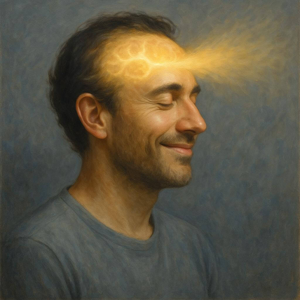 A portrait of a person in a grey shirt against a blue-grey background, with their head slightly turned, exposing the ear and part of the neck. A bright light source on the right side of the head symbolizes neural activity and emotional response. This image visually represents the feeling of satisfaction linked to dopamine function in the brain, relevant to understanding reward processing in ADHD and Autism