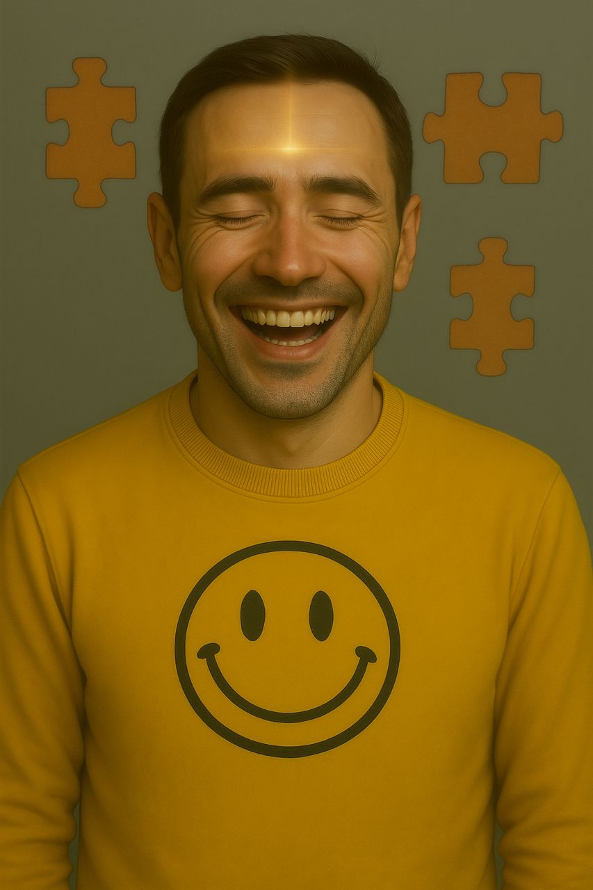 An image of a person in a yellow hoodie with a large black smiling face, surrounded by four brown puzzle pieces against a simple gray background. This symbolizes the connection between dopamine, happiness, and the reward system in the brain, highlighting its crucial role in Autism and ADHD.