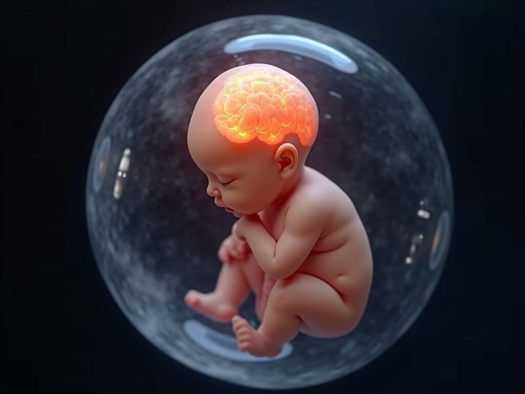 An image of the fetal brain structure highlighting the role of dopamine in the development of the nervous system and its connection to Autism Spectrum Disorder (ASD) and ADHD. The image illustrates the chemical and neural processes during fetal development, showing how changes in brain circuits are linked to behavioral disorders associated with dopamine