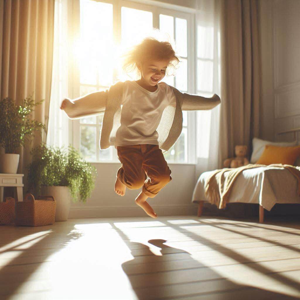 A child joyfully jumping in a bright, cozy bedroom, symbolizing youthful energy and curiosity. This reflects the themes of the article, which explores the fine line between typical childhood mischief and ADHD-related behaviors. Understanding how impulsivity, hyperactivity, and attention span vary between naturally active children and those with ADHD is essential for accurate diagnosis and appropriate support.