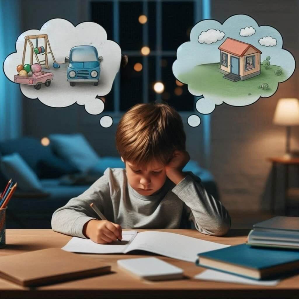 A child sits at a desk, attempting to focus on homework, but their thoughts drift to playing outside and other distractions. The image visually represents the challenges of attention and impulse control in children, key aspects discussed in the article about differentiating ADHD from typical childhood mischief. Understanding how persistent inattention across multiple settings affects learning and development helps parents and educators recognize ADHD symptoms early and seek appropriate support.