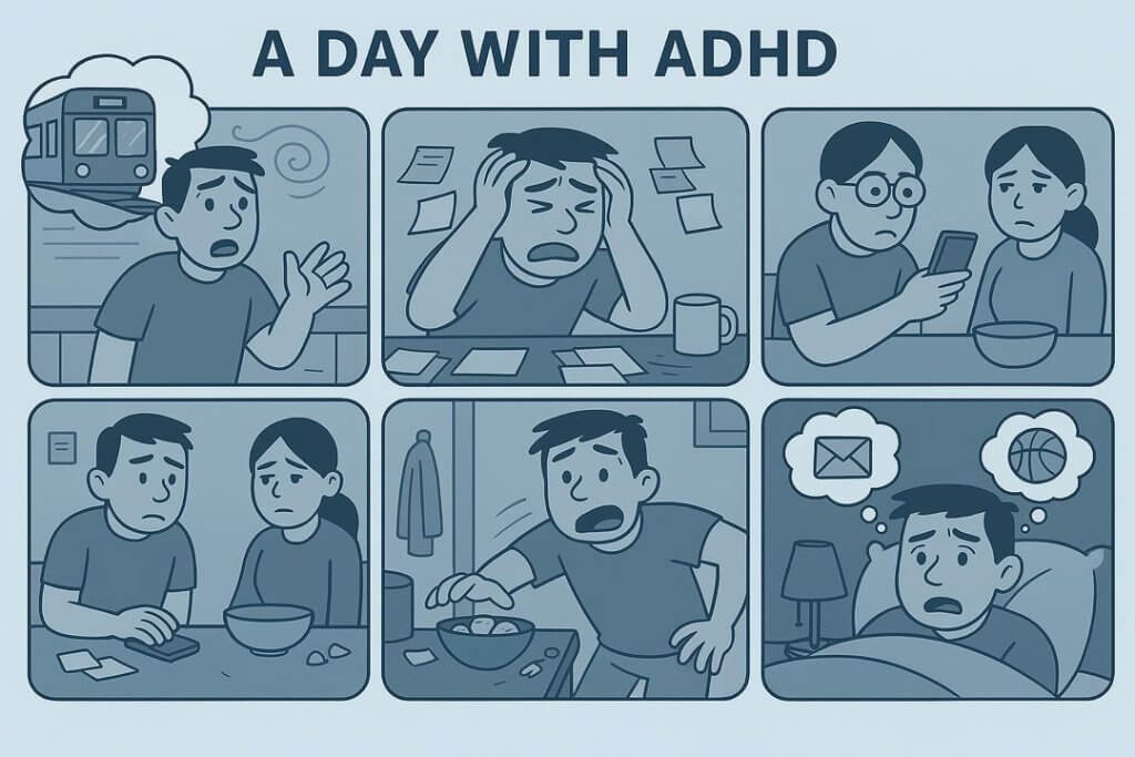 Illustration of a structured daily routine checklist designed to help adults with ADHD stay organized and reduce overwhelm. The visual includes morning exercise, eating a healthy breakfast, checking emails after breakfast, using reminders, and planning tasks with breaks. This supports Eton Psychiatrists’ expert guidance on how small, consistent habits can improve executive function, focus, and emotional regulation in adults with ADHD.