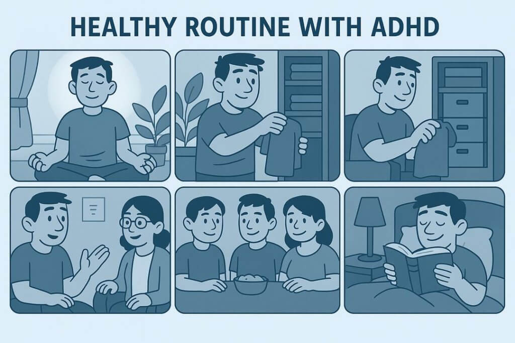 Illustration of a structured daily routine checklist designed to help adults with ADHD stay organized and reduce overwhelm. The visual includes morning exercise, eating a healthy breakfast, checking emails after breakfast, using reminders, and planning tasks with breaks. This supports Eton Psychiatrists’ expert guidance on how small, consistent habits can improve executive function, focus, and emotional regulation in adults with ADHD. 