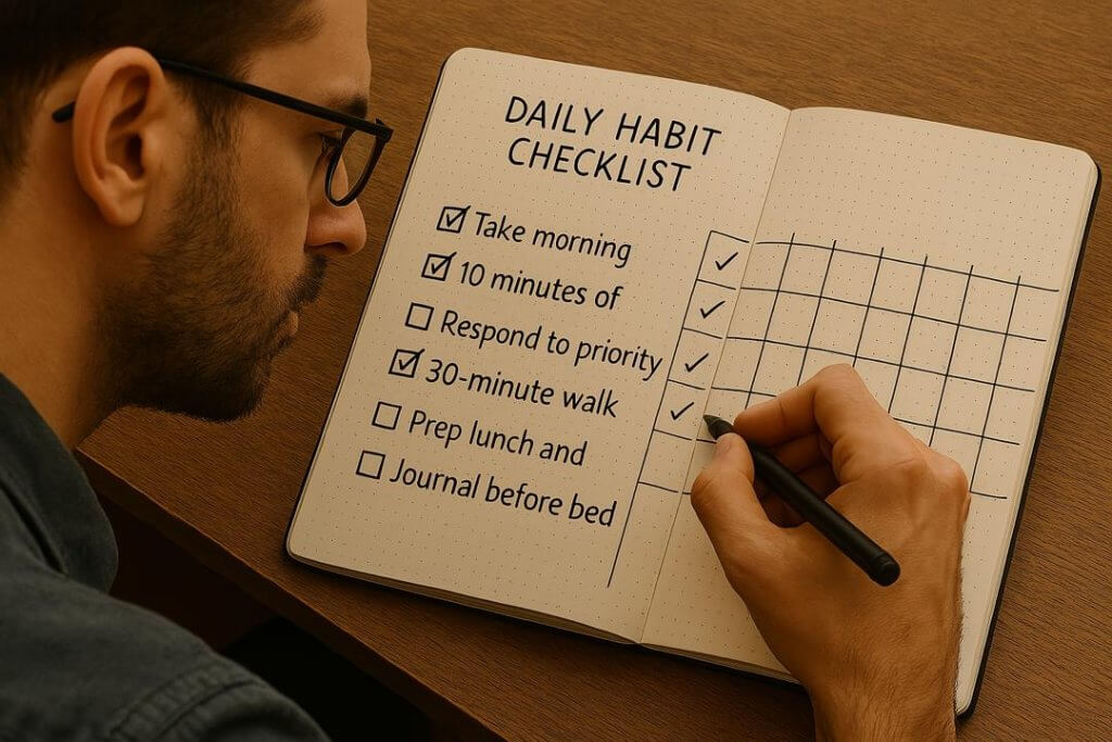 A detailed checklist illustrating a structured daily routine designed to support adults with ADHD, including morning exercise, checking emails after breakfast, scheduled work sessions, breaks, and evening wind-down activities. This visual guide emphasizes the importance of consistent habits for managing ADHD symptoms, created to complement expert advice from Eton Psychiatrists.”
