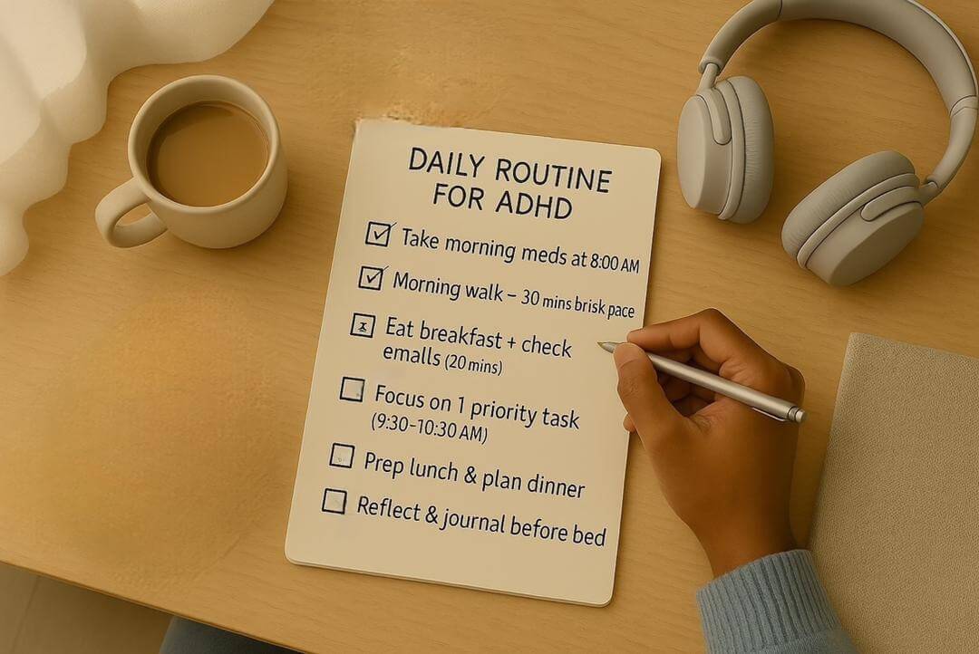 Focused adult using a detailed daily routine checklist to manage ADHD symptoms effectively, surrounded by organizational tools and a calm workspace — Eton Psychiatrists