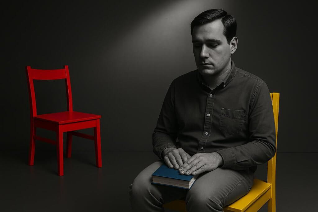 A man with a serious expression sits alone on a yellow chair in a dark room, holding a closed book, while an empty red chair stands beside him. This symbolic image reflects the emotional distance, social isolation, and inner struggle commonly experienced by adults with autism spectrum disorder (ASD) or ADHD. It visually supports the article’s focus on the challenges of adult autism and ADHD, and the importance of psychiatric diagnosis and treatment.