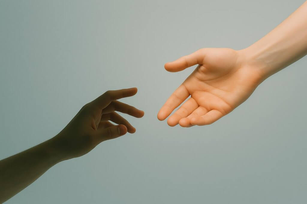 wo hands reaching toward each other against a soft background, symbolizing connection, empathy, and support. This image illustrates the core message of the article: that effective, individualized treatment approaches — such as integrative psychiatry, behavioural therapy, and emotional regulation strategies — can help adults with autism and ADHD build healthier, more connected lives with the right guidance and support