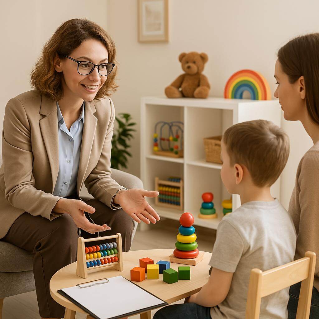 Pediatric autism assessment session in a clinical setting, showing a multidisciplinary specialist interacting with a child and parent—highlighting the importance of early diagnosis, parental involvement, and evidence-based interventions for children with autism spectrum disorder in specialized pediatric clinics.