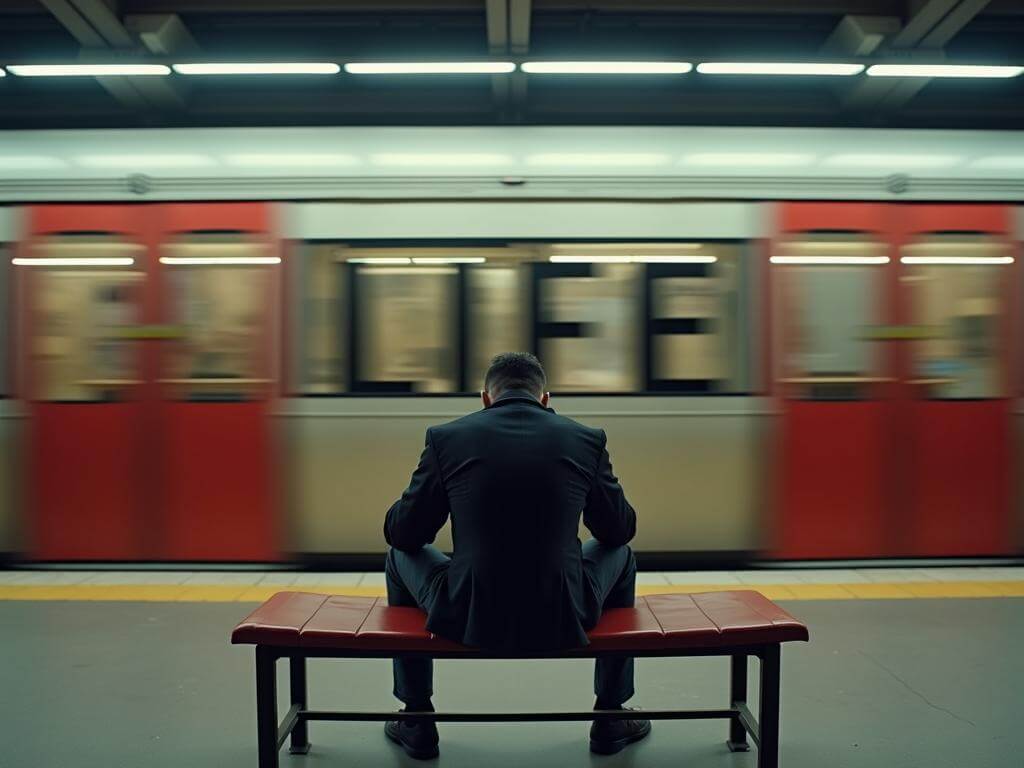 A young man stands still on a busy train platform, holding a coffee and a folder, his gaze calm and focused. Behind him, people rush past and a train speeds by with the word “LIFE” printed boldly across its side. The contrast between the man’s stillness and the world’s movement evokes a sense of inner order and quiet confidence. The image symbolizes a moment of clarity and balance often found when individuals with autism are in a structured, predictable environment that aligns with their strengths. It reflects the article’s message about how, with the right support and understanding, autistic individuals can thrive and find peace in their daily routines.