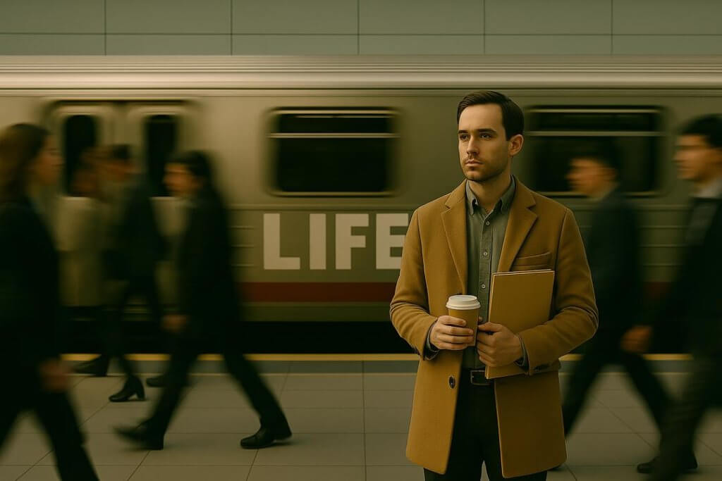 A young man stands still on a busy train platform, holding a coffee and a folder, his gaze calm and focused. Behind him, people rush past and a train speeds by with the word “LIFE” printed boldly across its side. The contrast between the man’s stillness and the world’s movement evokes a sense of inner order and quiet confidence. The image symbolizes a moment of clarity and balance often found when individuals with autism are in a structured, predictable environment that aligns with their strengths. It reflects the article’s message about how, with the right support and understanding, autistic individuals can thrive and find peace in their daily routines.