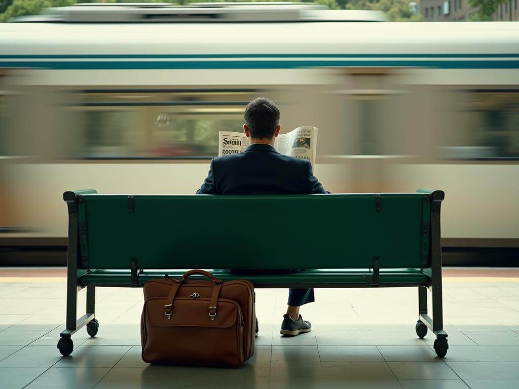 A conceptual photo showing a man sitting alone on a green bench at a sunlit train station, a briefcase by his feet, symbolizing the quiet resilience of adults with autism as they navigate workplace expectations, social misunderstandings, and the search for accurate, science-based treatments beyond harmful myths and stereotypes.