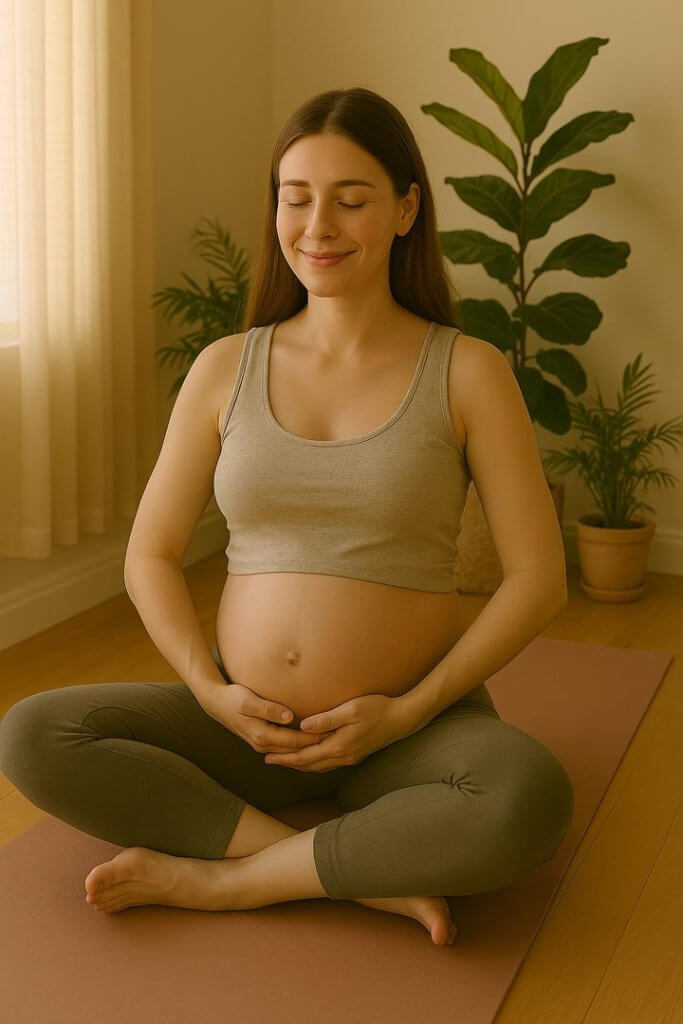 A pregnant woman with ADHD embracing mindful strategies to manage symptoms during pregnancy. She uses organization techniques, cognitive behavioral therapy (CBT), and support from loved ones to create a structured and balanced environment. The image represents self-care, emotional resilience, and the importance of healthcare collaboration to ensure a smooth and healthy pregnancy