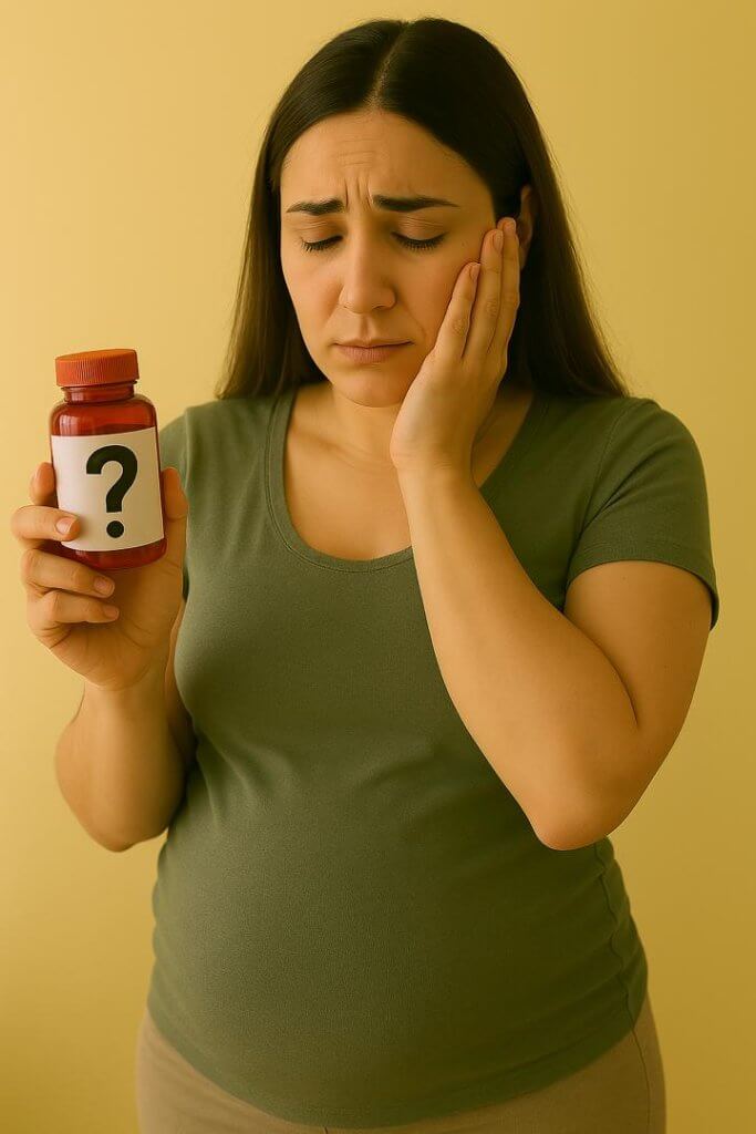 A pregnant woman with ADHD carefully considering her medication options, holding a blister pack of pills while placing a hand on her abdomen. The image highlights the complexity of deciding whether to continue stimulant medications, balancing potential risks for the baby with the need to manage ADHD symptoms for a healthier pregnancy.