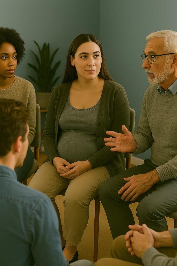 A pregnant woman with ADHD receiving guidance from a psychiatrist, discussing personalized strategies to manage symptoms safely. The image reflects the importance of professional support, therapy options such as Cognitive Behavioral Therapy (CBT), and the role of support groups in fostering emotional stability and confidence during pregnancy.