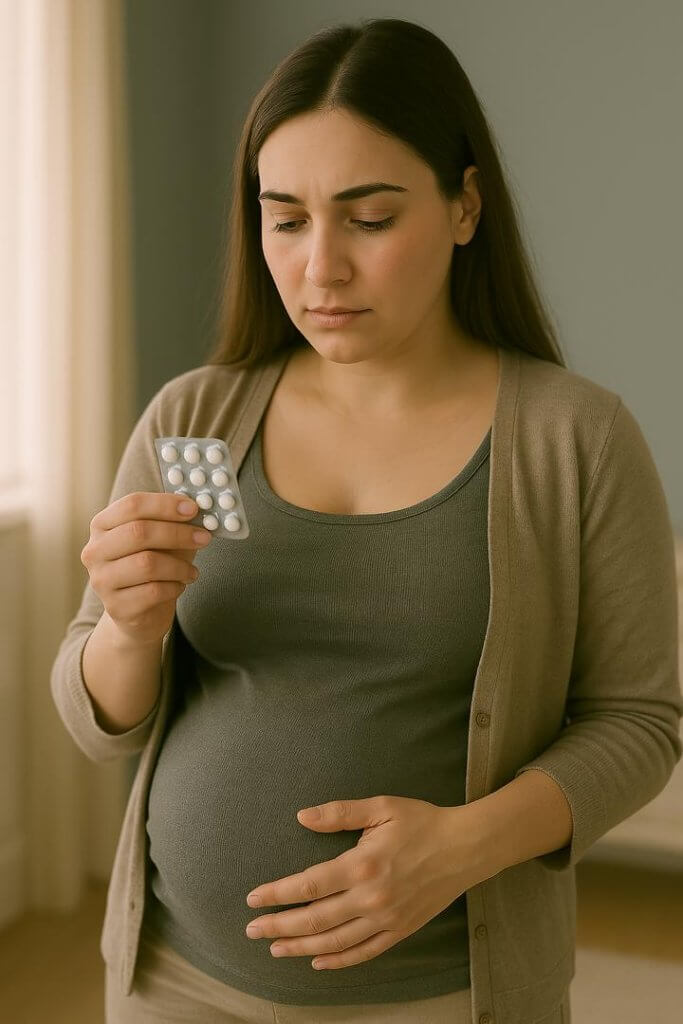 A pregnant woman with ADHD managing daily challenges using organization techniques, mindfulness practices, and support from loved ones. The image highlights non-pharmacological treatments such as Cognitive Behavioral Therapy (CBT) and the importance of informed decision-making about ADHD medications during pregnancy