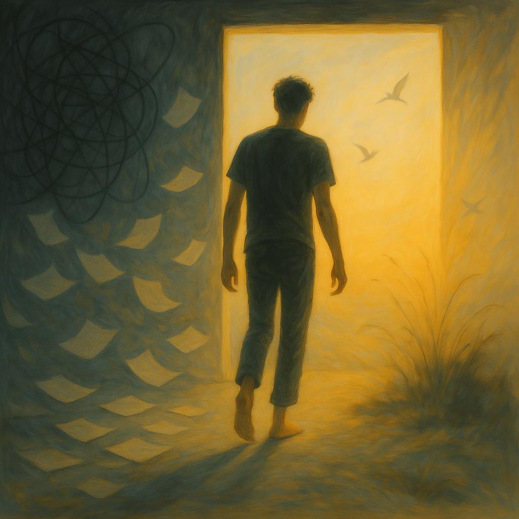 A symbolic painting of a young man walking barefoot from a dark, chaotic space filled with scattered papers and tangled lines into a warm, sunlit field with birds flying—representing the journey of an ADHD patient from confusion and stigma toward clarity, growth, and a healthier life through proper psychiatric treatment and medication.