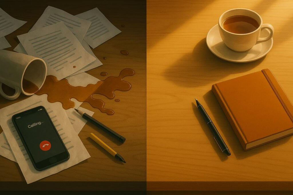 A symbolic image illustrating the contrast between untreated and properly treated ADHD. The scene shows a split workspace: one side is cluttered and chaotic, representing the daily struggle of living with unmanaged ADHD — papers are scattered, a cup is knocked over, and a phone is ringing endlessly. The other side is neat and organized, symbolizing the calm and clarity that can come with professional diagnosis and appropriate treatment. The natural light and tidy environment on the right reflect the positive impact of structured support and medically guided care. This image underscores the article’s core message: while ADHD is a real and challenging condition, it can be effectively managed — but only through proper diagnosis, evidence-based treatment, and not through self-medication or unprescribed drug use.