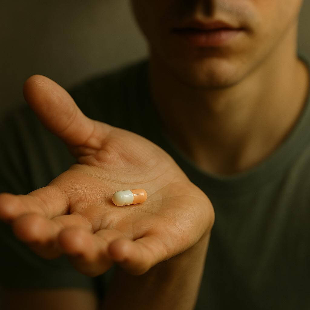 A close-up image of a person’s hand holding a single pill, softly lit with a contrast of shadow and light. The scene symbolically represents the delicate line between proper, prescribed use of ADHD medication and the risks of self-medication or misuse. The thoughtful atmosphere conveys the importance of medical guidance in managing ADHD, highlighting how the right treatment can bring clarity and balance, while unregulated use may lead to confusion or harm