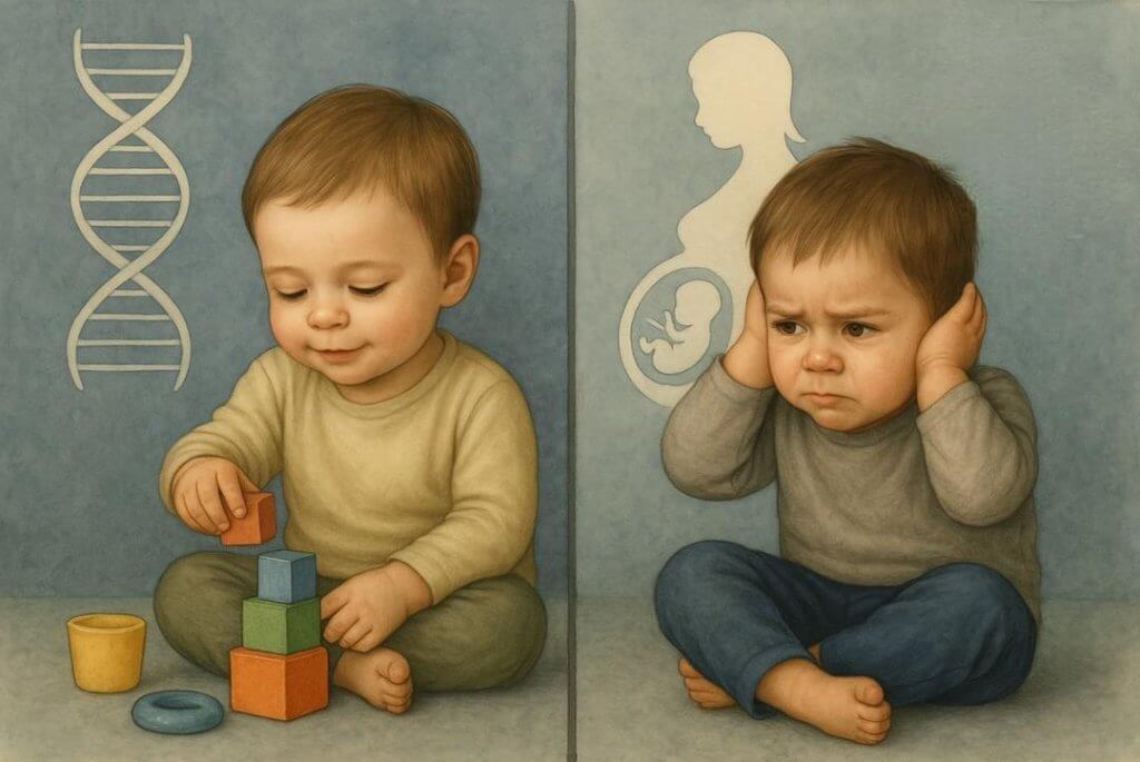 A symbolic wide rectangular illustration divided in two halves: on the left, a calm child playing with blocks is shown next to a DNA strand, representing healthy development; on the right, an anxious child covers his ears, with symbols of pregnancy and stress hormones in the background, illustrating how maternal anxiety during pregnancy can impact brain development and emotional regulation in children.