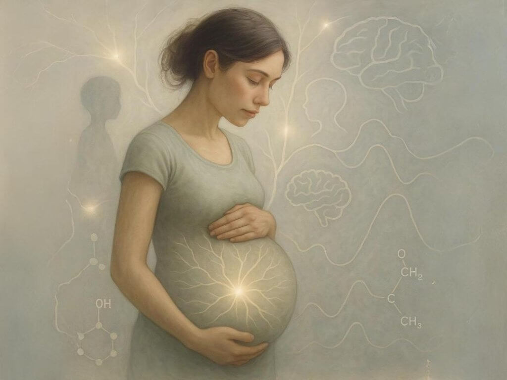 A realistic illustration of a pregnant woman gently cradling her belly while standing near a window in a bright, peaceful room, symbolizing prenatal mental health and emotional well-being — visually representing the psychological journey and challenges faced by expectant mothers, as discussed in the article.