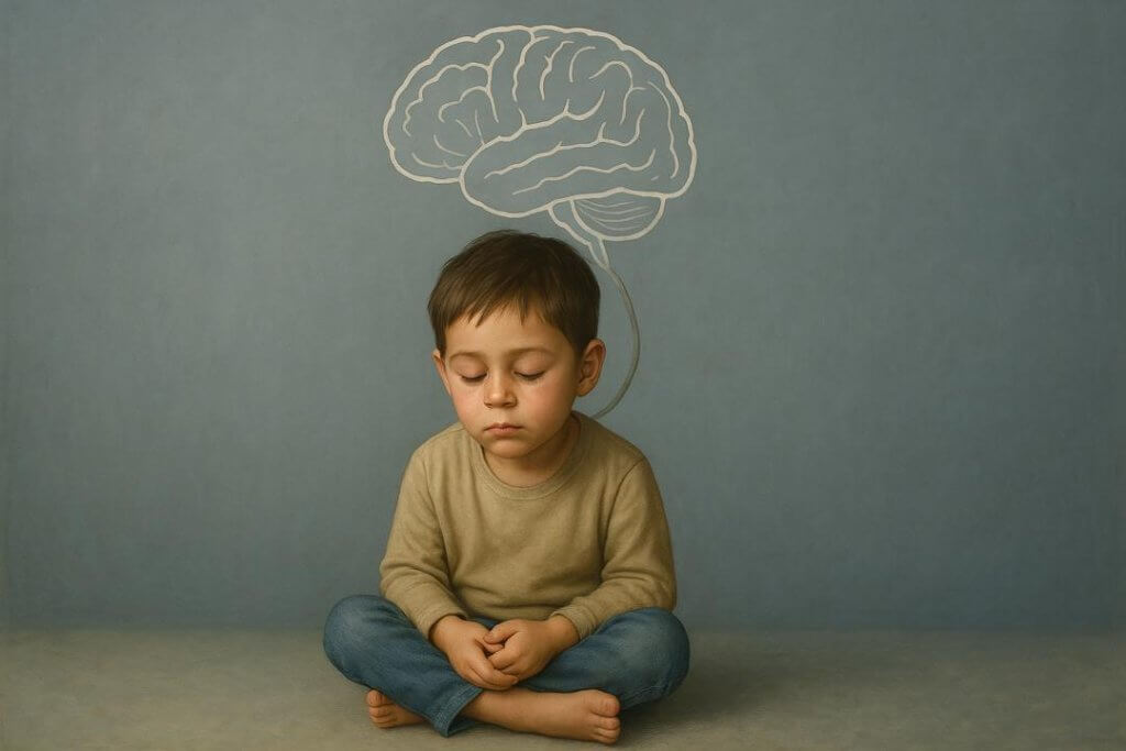 An artistic, wide rectangular illustration showing a symbolic child under a soft blue-grey background, with a faint grey brain hovering above—visually representing how maternal anxiety during pregnancy can influence fetal brain development, increase the child’s risk for anxiety and depression, and shape long-term mental health outcomes.