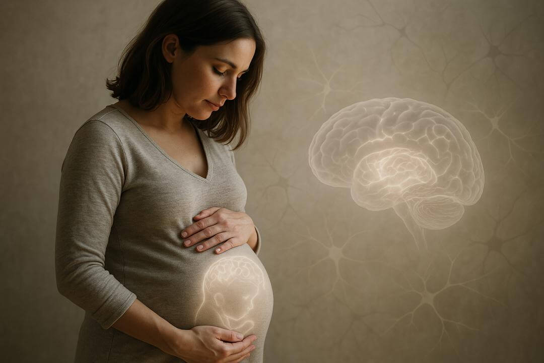 A horizontal digital illustration showing a pregnant woman surrounded by symbolic visuals of brain development, glucose molecules, and neural connections, representing the link between gestational diabetes and the risk of ADHD and autism in children.