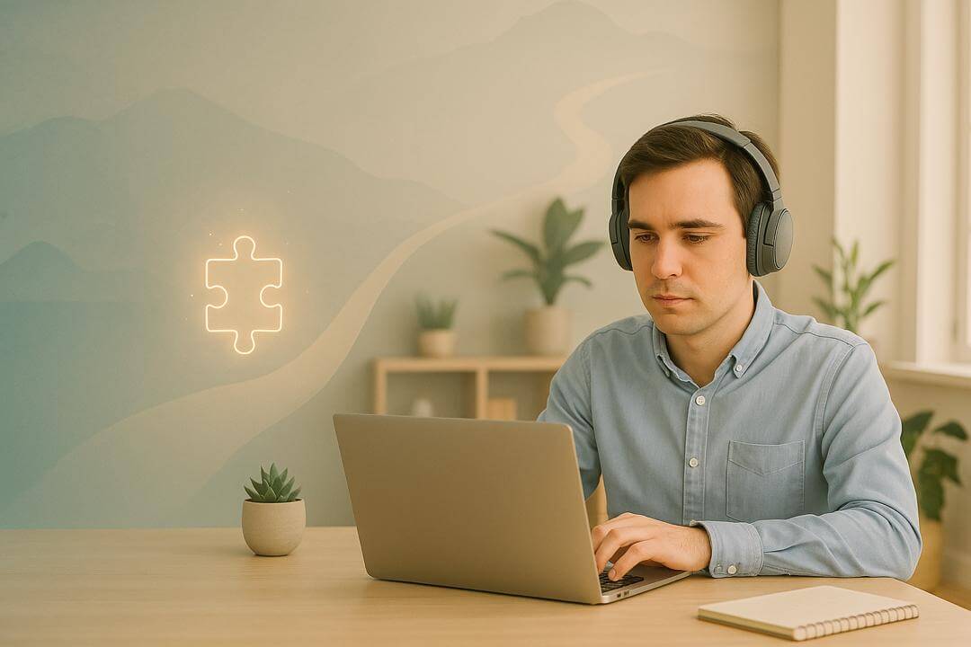 A young autistic man wearing noise-cancelling headphones working calmly on a laptop in a modern, sensory-friendly office with natural lighting — symbolizing inclusive employment for neurodivergent individuals.