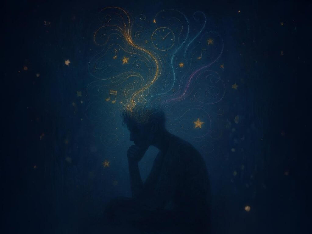 A symbolic digital painting of a person in silhouette, sitting in quiet contemplation under a starry indigo sky. Swirling threads of light in gold, teal, and violet rise from their head, filled with abstract elements like clocks, stars, music notes, and scribbles. These glowing trails visualize the unique inner world of adults with ADHD—where thoughts are vivid, nonlinear, and often simultaneous. The image captures their distinct way of perceiving the world: deeply intuitive, emotionally intense, highly sensitive to details, and often overwhelmed by constant mental stimulation. It reflects how ADHD is not a lack of attention, but a different way of attending—rich, immersive, and multidimensional.