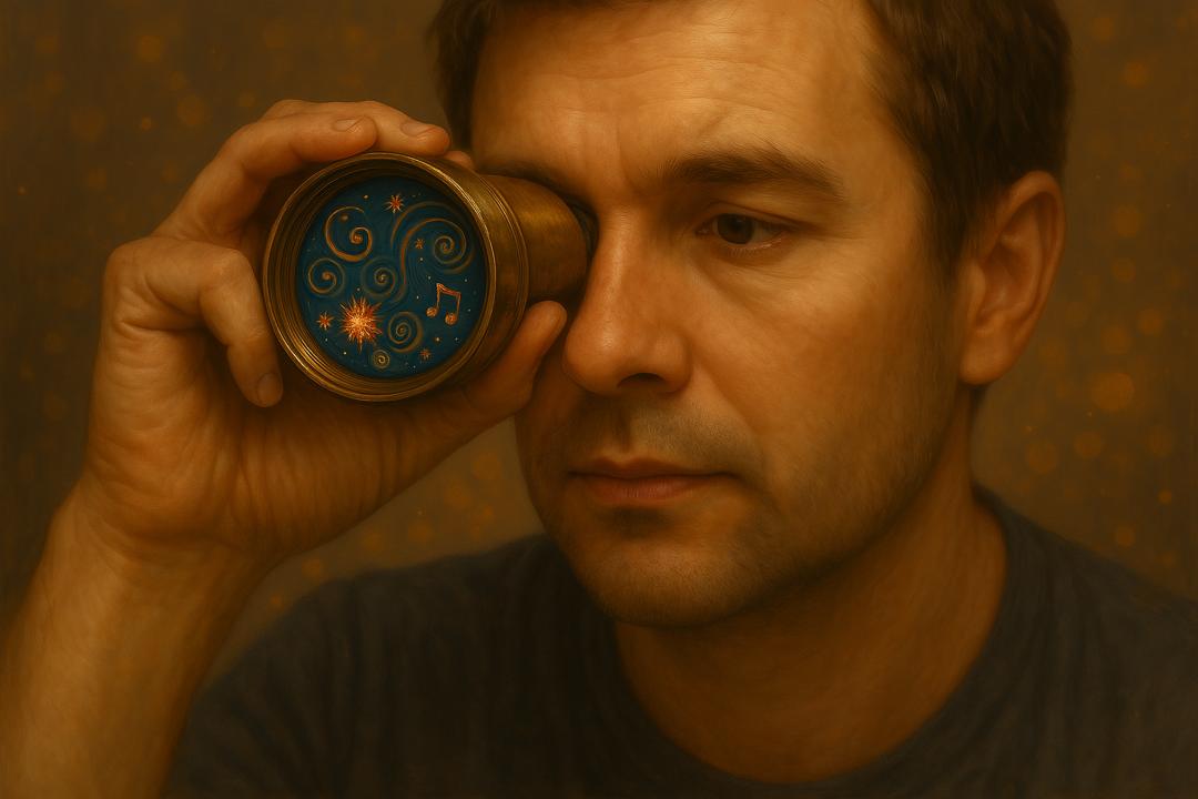 A person holding a small vintage spyglass, gazing intently into a swirling, abstract universe symbolizing divergent thinking—representing the unique way adults with ADHD perceive and process the world.