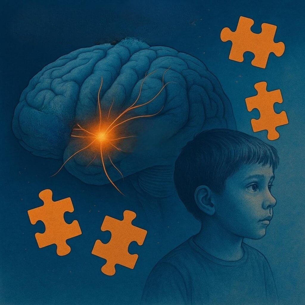 A detailed illustration of the human brain with highlighted neural pathways in blue and orange, representing dopamine-related circuits involved in reward and emotion. Floating puzzle pieces near the brain symbolize cognitive processes and the complexity of neurodevelopment. The image reflects how dopamine influences feelings of joy and motivation, playing a key role in brain function, particularly in conditions like Autism and ADHD.