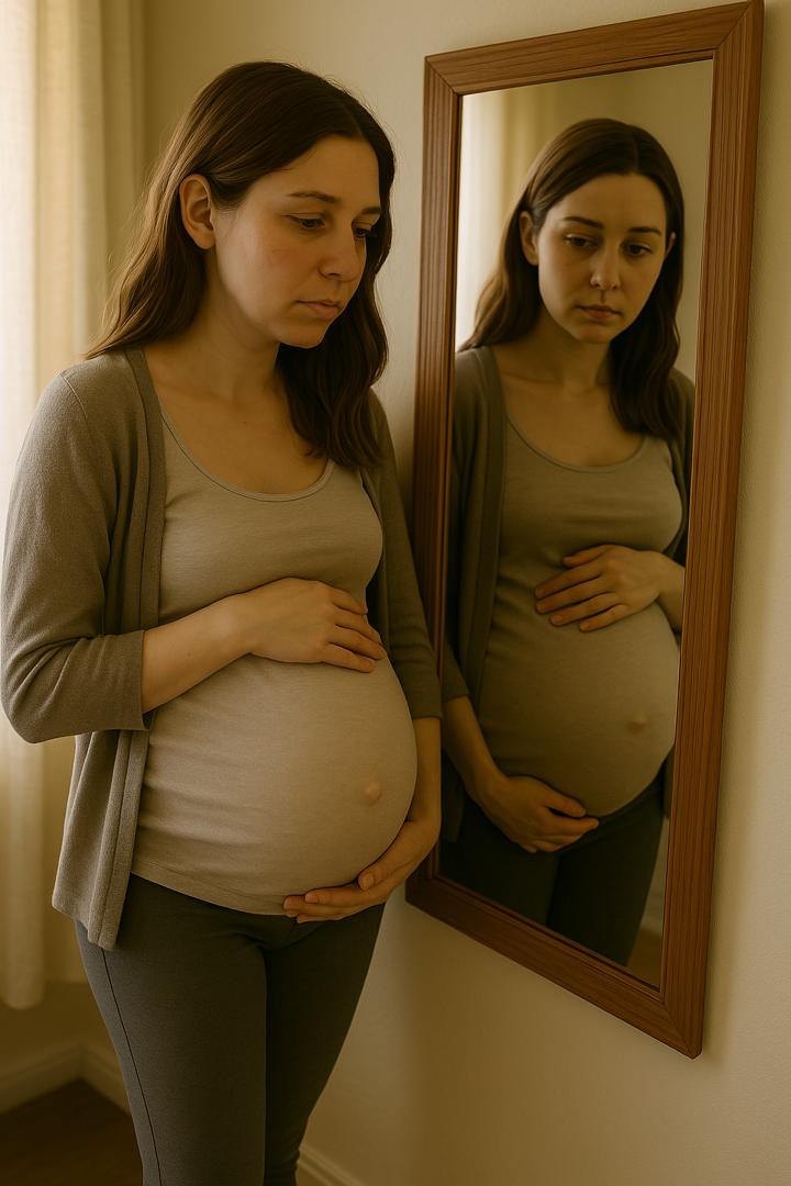 A pregnant woman in her third trimester, gently touching her belly while looking at her reflection in the mirror, symbolizing the balance between managing ADHD and preparing for motherhood.