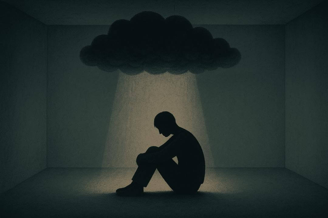 A person sitting alone in a dark room under a cloud, symbolizing depression and emotional isolation.