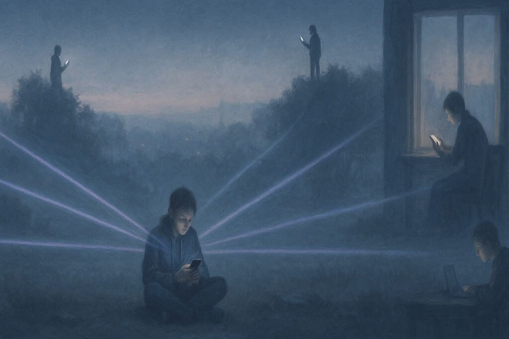 A teenage boy walking alone on a dark road holding a softly glowing smartphone, while in the background, other people walk on parallel roads using their own phones and tablets emitting faint lights. This scene symbolizes how teenagers with ADHD and autism connect through social media networks, highlighting both the isolation and connection experienced in the digital age. The dim light from the devices represents the subtle but powerful influence of technology on their social interactions and personal growth.