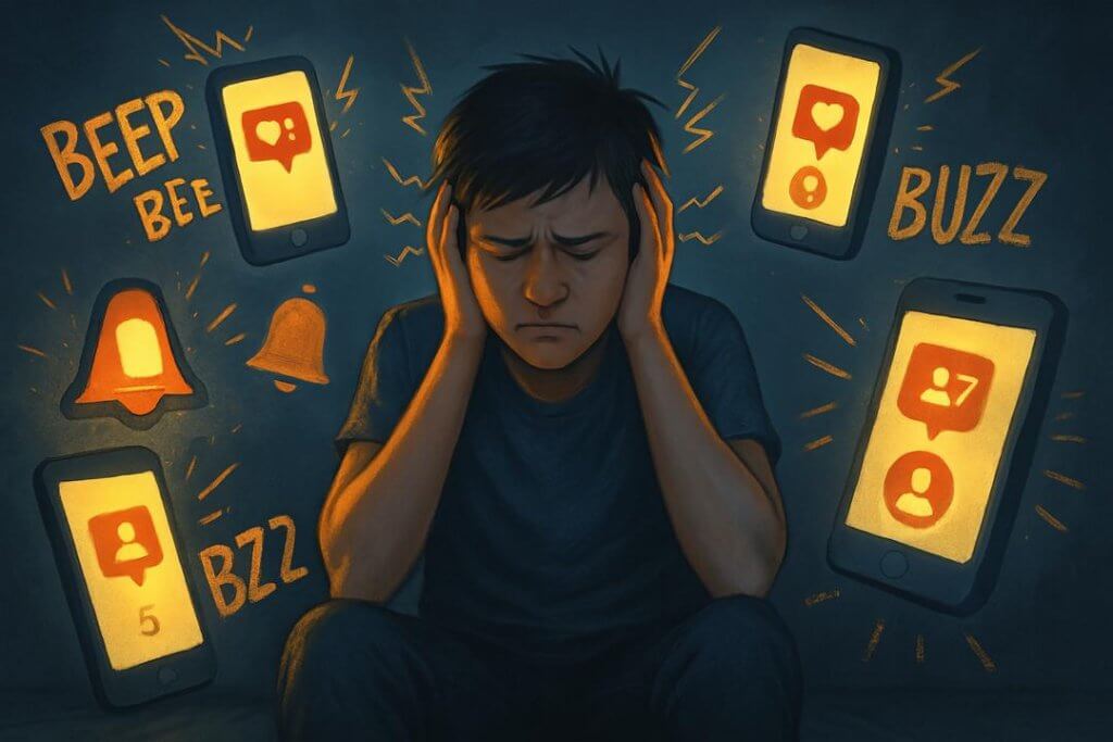 A teenager with ADHD or autism sits in a quiet room, overwhelmed by the glowing lights of multiple digital screens symbolizing social media. Their posture reflects anxiety and sensory overload—but in the background, a softer light shines through a window, representing the possibility of healthy boundaries, digital self-care, and guided support to manage social media use effectively.