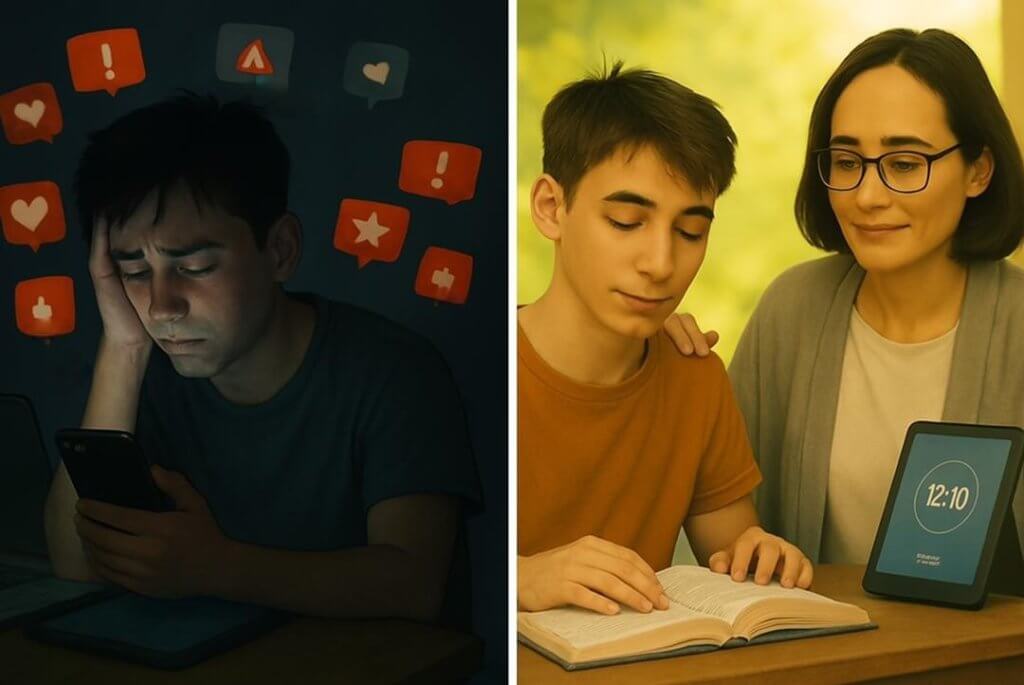 A conceptual illustration divided into two parts, showing the impact of social media on individuals with ADHD and autism. On the left, a neurodivergent person is overwhelmed by chaotic digital input—floating notifications, multiple open apps, and visual clutter—symbolizing sensory overload, anxiety, and lack of focus. On the right, the same person is shown in a calm, organized digital environment, reflecting balanced use of social media, improved focus, and emotional regulation. This image highlights how structured digital engagement can help individuals with ADHD and autism better manage symptoms and foster positive online experiences.