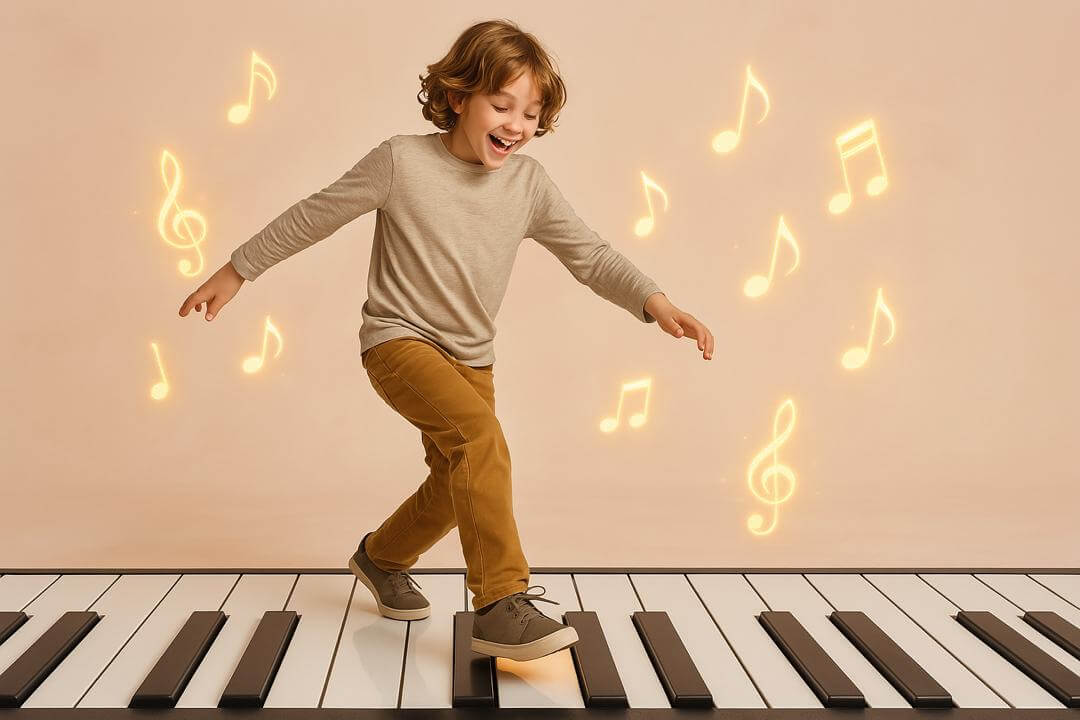 A realistic image of a child playing a large floor piano with their feet, surrounded by floating musical notes, symbolizing the therapeutic benefits of music for children with Autism and ADHD.