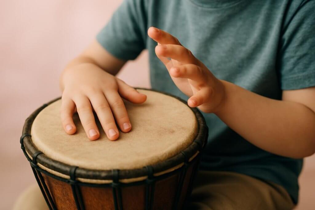 A close-up of a child's small hands playing a percussion instrument, such as a drum or tambourine, with focused interaction. The warm, natural lighting accentuates the texture of the instrument and the gentle movement of the fingers. The softly blurred background in a soothing pink hue enhances the calming and therapeutic nature of the scene. The image conveys the sensory engagement and tactile stimulation that music provides, supporting emotional regulation and connection for neurodivergent children.