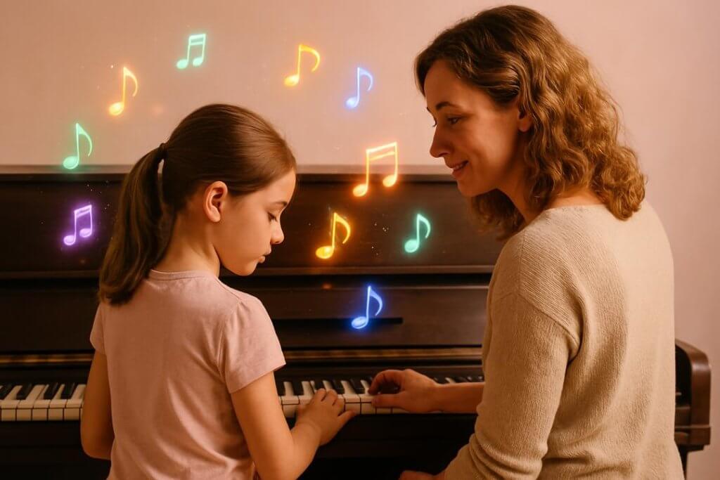 A 10-year-old girl with ADHD and autistic traits sits beside her mother at a grand piano, viewed from behind. The girl is playing with deep focus, her posture expressing calm engagement, while her mother offers gentle, supportive presence. Softly glowing, colorful musical notes float around them, representing the therapeutic role of music in supporting emotional regulation, sensory integration, and connection. The warm lighting and soft pink background create a safe, soothing space, highlighting the bond between mother and daughter through music therapy.