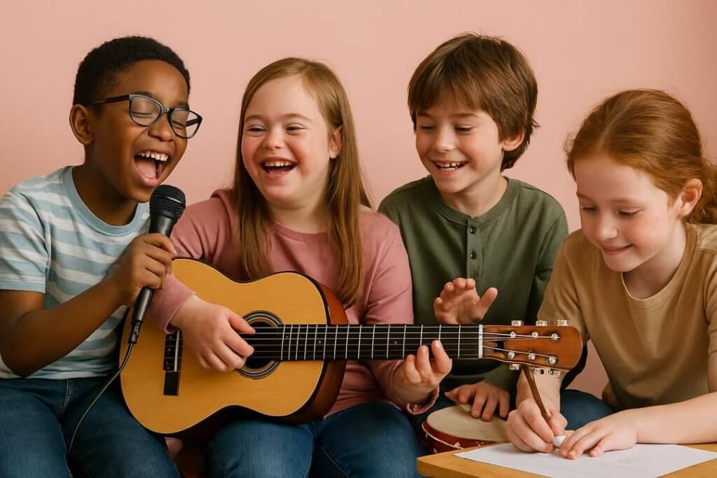 Children engaged in music therapy, expressing emotions and improving communication skills through creative musical activities, highlighting the positive impact of music on neurodivergent children with ADHD and autism.