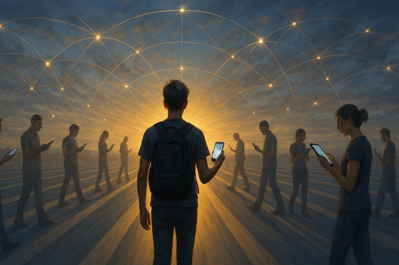 A teen walking on a dark road, holding a dimly lit phone, while others walk on parallel paths using their phones and tablets, symbolizing social connection and challenges faced by teens with ADHD and autism in the digital age.