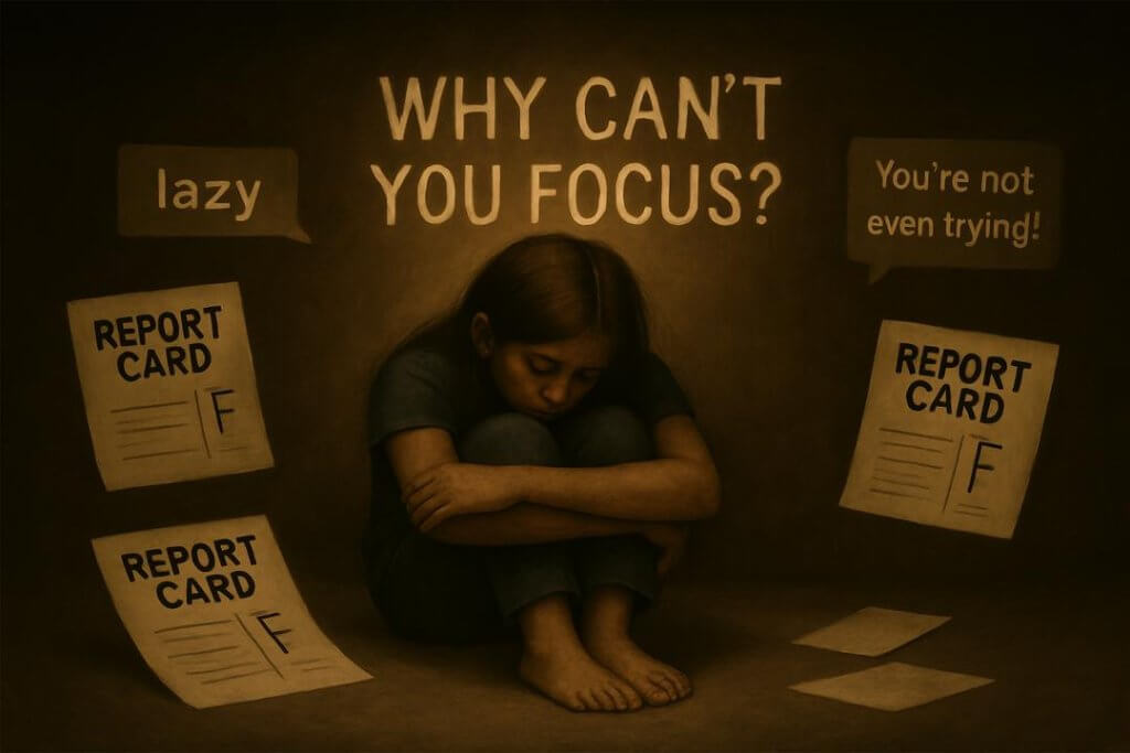 A teenage girl with ADHD sits curled up on the floor, surrounded by failing report cards and harsh labels like “lazy” and “You’re not even trying!” Above her, the words “Why can’t you focus?” highlight the misunderstanding she faces. This image illustrates the silent emotional toll of undiagnosed ADHD in highly intelligent teens, whose inner struggles are often mistaken for lack of effort.