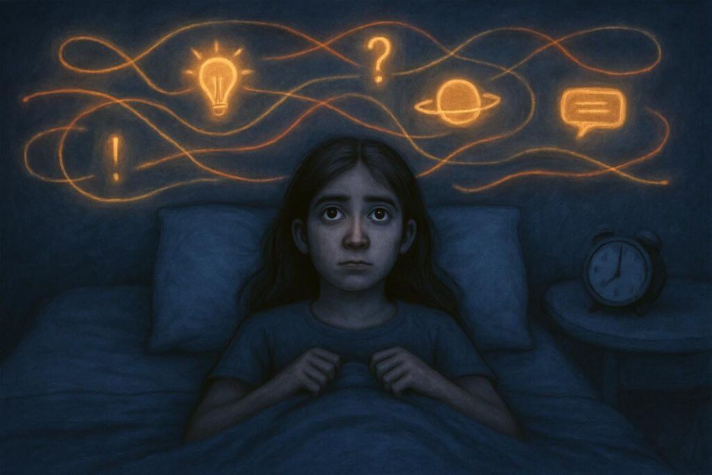 A young girl with wide, restless eyes lies awake in bed at night, unable to sleep. Glowing, chaotic thought symbols—like light bulbs, question marks, planets, and exclamation points—float above her head, illustrating the overactive mind often experienced by gifted teens with ADHD.