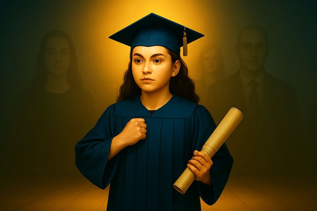 A teenage girl stands confidently on a stage, wearing a graduation cap and gown, holding a diploma. Behind her, faint shadowy figures of adults stand in quiet support. The spotlight highlights her success and strength, symbolizing how understanding and support can empower high-IQ teens with ADHD to thrive despite hidden struggles.