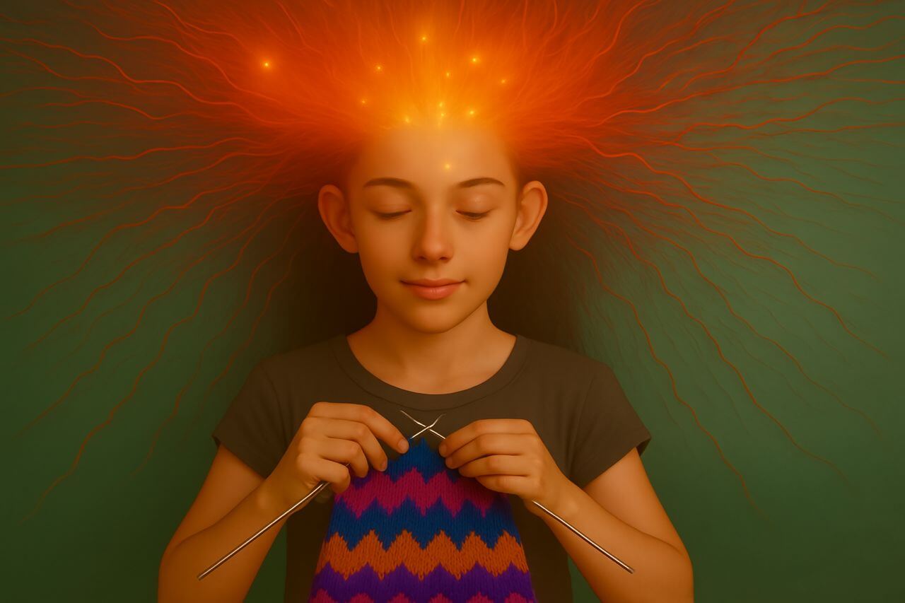 Realistic surreal illustration of a teenage girl with ADHD, eyes closed, knitting colorful threads bursting from her head, symbolizing inner chaos and mental organization.