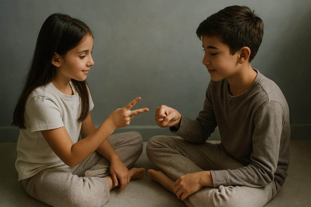 Two sisters, one autistic and one neurotypical, share a quiet moment playing together in a warm, softly lit room—symbolizing the emotional importance of sibling involvement in autism therapy
