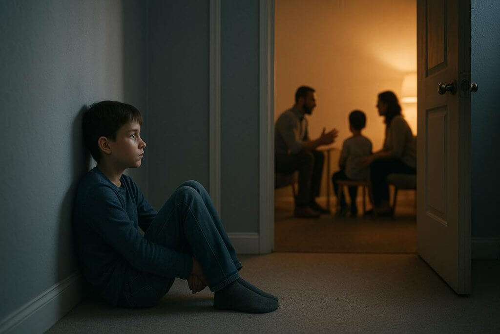 A young boy sits alone in a dim hallway, gazing toward a warmly lit room where his parents focus on his autistic sibling. The image captures the emotional isolation often experienced by neurotypical siblings, who may feel overlooked or excluded in families navigating autism therapy.